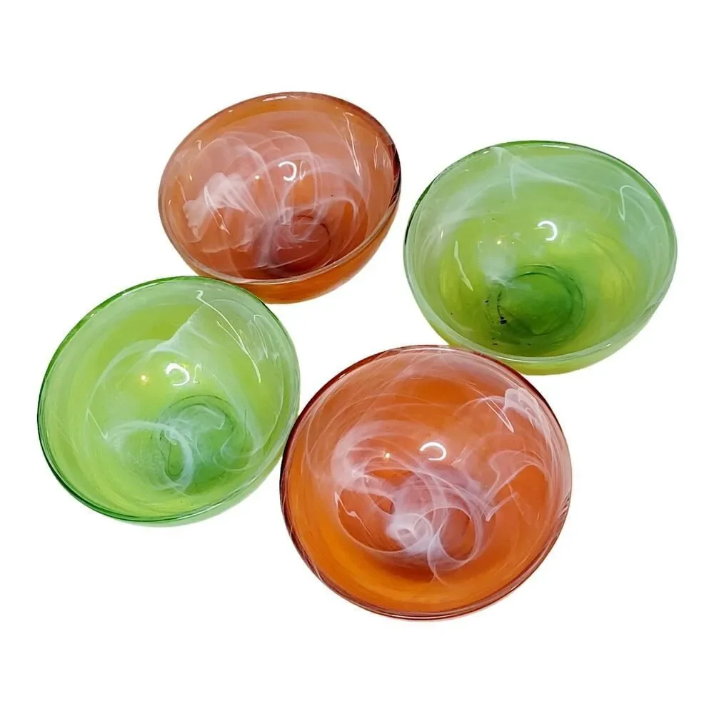 Set of 4 Vtg Floral‎ Debi Lilly Recycled Green Orange Glass Bowls With Swirls